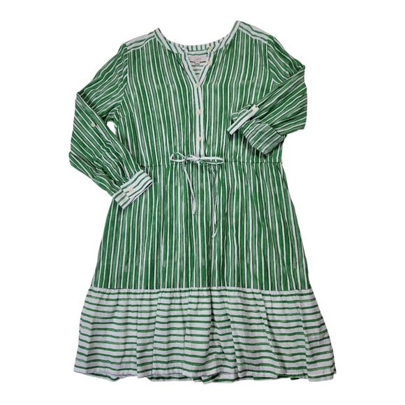 Loft Women's White Green Striped Tab Sleeve Button Flounce Dress - Picture 8 of 12